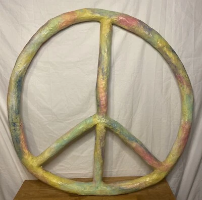 复古扎染和平标志大号 36 英寸直径纸 Mache 迷幻艺术罕见 — 第 1/4 张图片