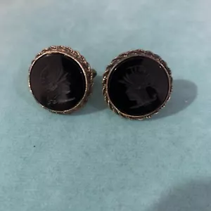 Vintage Black Glass Roman Intaglio Cameo Cufflinks Black Silver Rope Frame - Picture 1 of 9