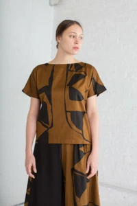 Grúa negra estampado marrón/negro algodón cuello de barco estampado superior B Bnt-27 nuevo con etiquetas - Imagen 1 de 7
