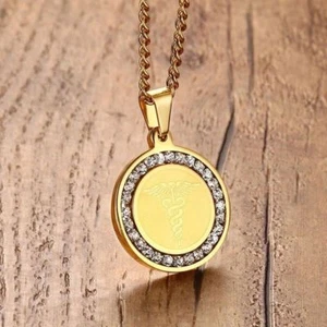 Gold Medical Alert ID Tag Necklace Pendant Crystal Stainless Steel Free Shipping - Picture 1 of 6