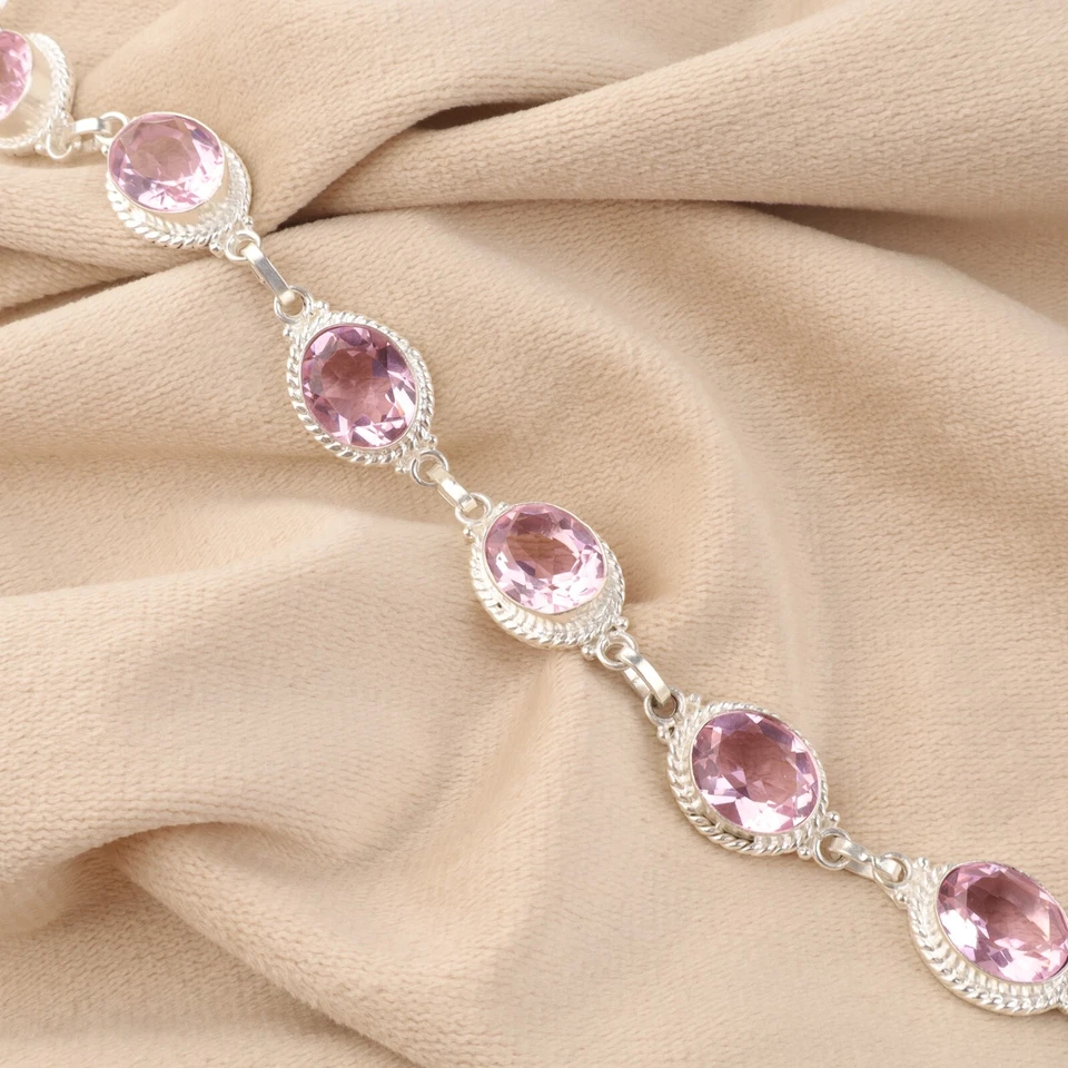 Pulsera de plata de ley 925 con cadena de piedras preciosas de morganita natural rosa Foto 1 de 4