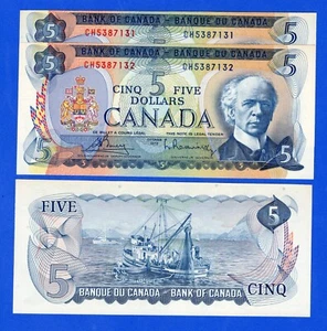 Canada $5 1972 P-87a / BC-48a 3 Consecutive aUNC/UNC Notes CH5387131-3 - Picture 1 of 3