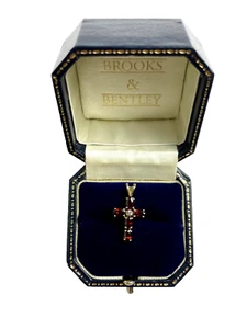 Garnet Pendant Cross 9ct Gold Garnet & Diamond Pendant Gold Cross Pendant - Picture 1 of 13