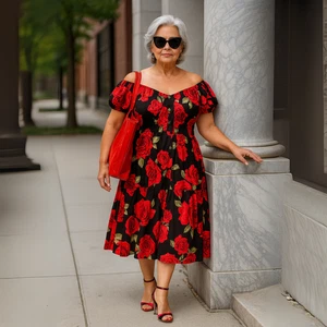 ROCKTHOSECURVES WOMENS Off Shoulder Black Red Roses Frilled Gypsy Dress - Picture 1 of 2