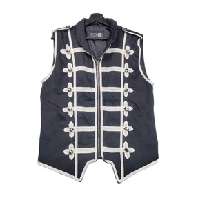 Men's Military Black Parade Vest LG Emo Goth Ro Rox Black White Trim - Picture 1 of 12