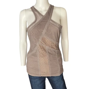 BCBG Maxazria Katlin Grey Taupe Mesh Overlay Tank Top Blouse Size Small - Picture 1 of 7
