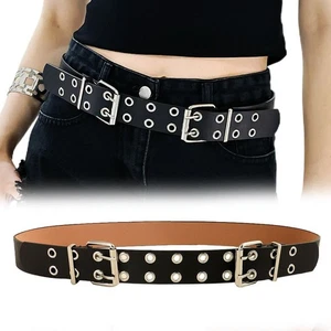 Round Eyelet Gothic Leather Belt Hip Hop Double Pin Buckle Waistband Men Women - Photo 1/7