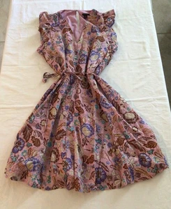 ANN TAYLOR Flutter Sleeve Belted Dress Pink Floral Print Size M - Picture 1 of 14