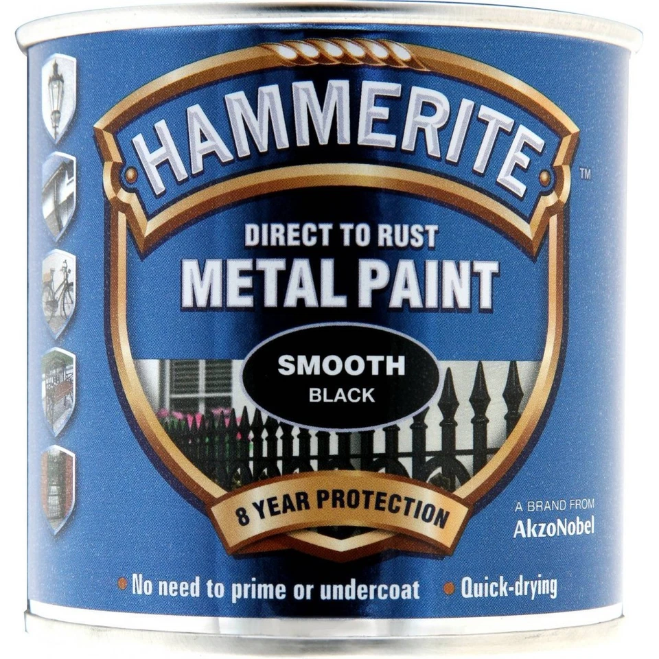 Hammerite Metal Paint Smooth 250ml Black 3-in-1 Direct to Rust 8 Year - Image 1 of 1