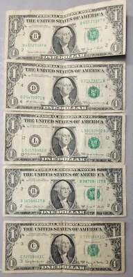 Lot Of (5) 1 Dollar Federal Reserve Notes. Errors 1969. - Image 1 of 3