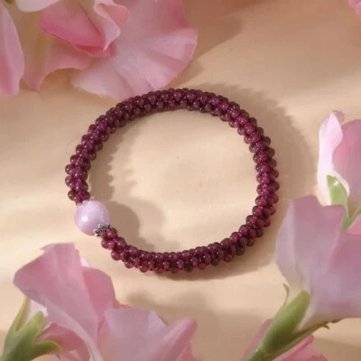 Rose Quartz Charm Garnet Beads Braided Dainty Healing Reiki Birthstone Bracelet - Image 1 of 4
