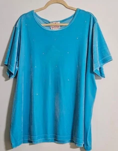 Quacker Factory 2X Ladies Scoop Neck Short Sleeve Emblished Turquoise Blue Top - Picture 1 of 10