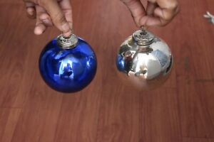 Vtg KUGEL Blue n Silver Glass Ball hanging Christmas Tree Ornament home decor 2p