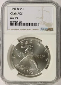 1992-D Olympics Baseball Silver Dollar $1 NGC MS69 - Picture 1 of 2