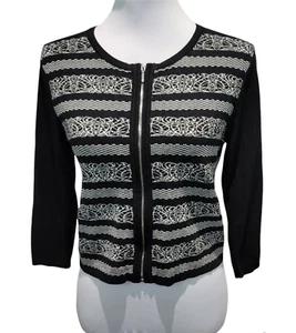 Carmen Marc Valvo Womens Cardigan Medium Black White Striped 3/4 Sleeve Full Zip - Bild 1 von 12