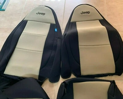 Juego de 2 asientos Coverking beige tostado con fundas de asiento personalizadas negras Jeep Wrangler NUEVO Foto 1 de 4