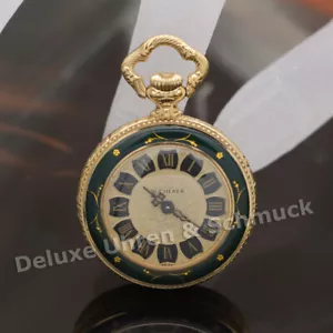 🎀*Bucherer*Taschenuhr*Damen*Grüne Emaille*Vergoldet*Handaufzug* - Bild 1 von 5