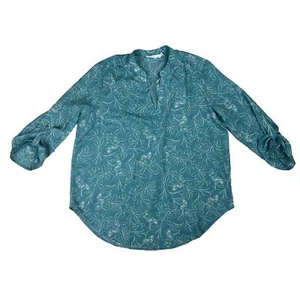 Neu ohne Etikett üppiges türkis & cremefarbenes geblümtes Tunika-Shirt mit Rollärmeln - Größe Large - Bild 1 von 10
