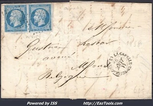 FRANCE PAIRE N°14A SUR LETTRE POUR MONS BELGIQUE PC 605 + CAD DU 11/01/1858 - Picture 1 of 2