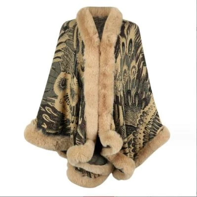 Poncho chal Occidente para mujer capa tejida gruesa floral cuello de piel capa lo último Foto 1 de 4