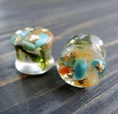 Turquoise and Orange Aventurine plugs and tunnels Stone gauges gift for men Pair - Image 1 of 3