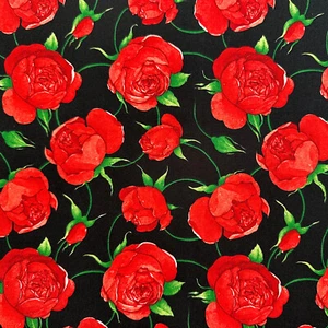 100% Cotton Fabric - Red Roses Flowers on Black - Craft Fabric Material Metre - Picture 1 of 8