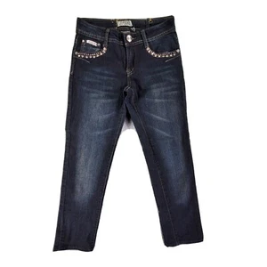 Saza Juniors Stretch Jeweled Cropped Distressed Dark Wash Denim Blue Jeans Sz 5 - Picture 1 of 8