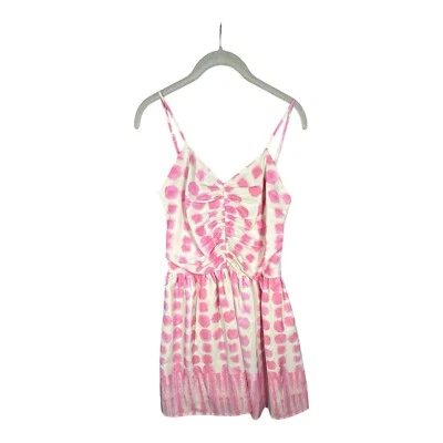 Pink White Polka Dot Ruched V-Neck Spaghetti Strap Smocked Mini Dress Sz S Aqua - Image 1 of 4