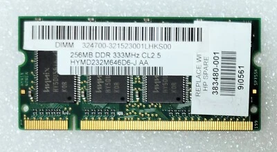 Genuine HP 256MB DDR 333MHz Unbuffered CL2 200Pin SoDimm Memory, 383480-001 - Image 1 of 2