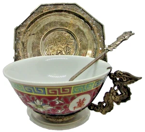 Chinese Vintage Famille Rose Dragon Handle Tea Cup w Saucer and Immortal Spoon - Picture 1 of 16
