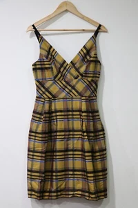 NEW CUE Women's Mini Dress Size 8 Mustard Black Blue Check Pleat Tie Back V-Neck - Picture 1 of 13