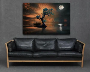 Sonnenuntergang Nacht Mond Meer Baum Boot Cool Modern Zuhause Leinwand Druck Wandkunst Bild - Bild 1 von 8