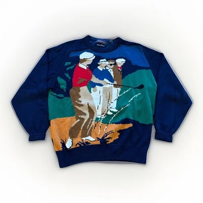 Vintage Golf Sweater Mens L Hathaway Hand Intarsia Knit Cotton AOP Preppy 80s - Image 1 of 4