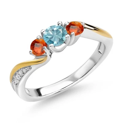 925 Silver and 10K Yellow Gold Blue Zircon Orange Sapphire and White Lab Grown - Image 1 of 3