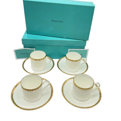 Auténtico juego de tazas y platillos de cerámica con banda dorada TIFFANY & Co. con cajas SK100583 Foto 1 de 4