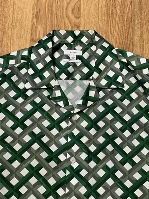 Reiss Shirt Mens Large Green Geometric Camp Collar Resort Button Up Regular Fit - Image 1 of 4