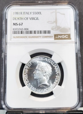 1981 ITALY SILVER 500 LIRE DEATH OF VIRGIL NGC MS 67 SCARCE BEAUTIFUL GEM COIN - Image 1 of 3