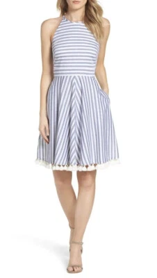 Платье Eliza J женское размер 6 в полоску Pom-Pom, женское с высоким вырезом синее белое - Изображение 1 из 4