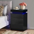 Black High Gloss Nightstand LED Light Bedside Table Cabinet 3 Drawer Bedroom