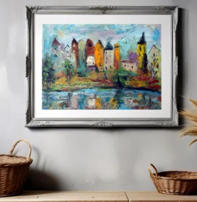 Arte de pared moderno estilo expresionismo pintura al óleo colorida casa antigua fila Foto 1 de 4