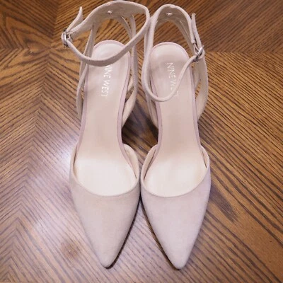 New NINE WEST Midstofit Ivory Suede High Heel Ancle Strap Slingback Shoes Size 8 - Image 1 of 4