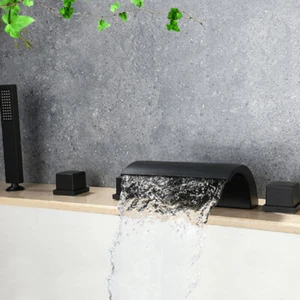 Grifo mezclador de ducha de mano de relleno de bañera en cascada negra grifo de 5 orificios montaje en cubierta - Imagen 1 de 4