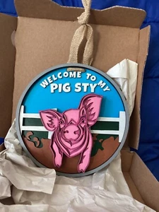 Hand Painted Laser Cut Wood "Welcome to My Pig Sty" Wall Hanging - NEW - Picture 1 of 4
