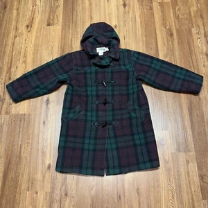Vintage LL Bean Plaid Toggle Wool Coat Womens Size 10 Green Burgundy USA *holes - Picture 1 of 14