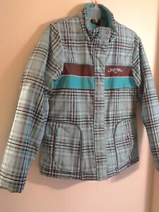 Pacific Trail Coat Large Turquoise Blue Brown Plaid Puffer Winter Hood Faux Fur