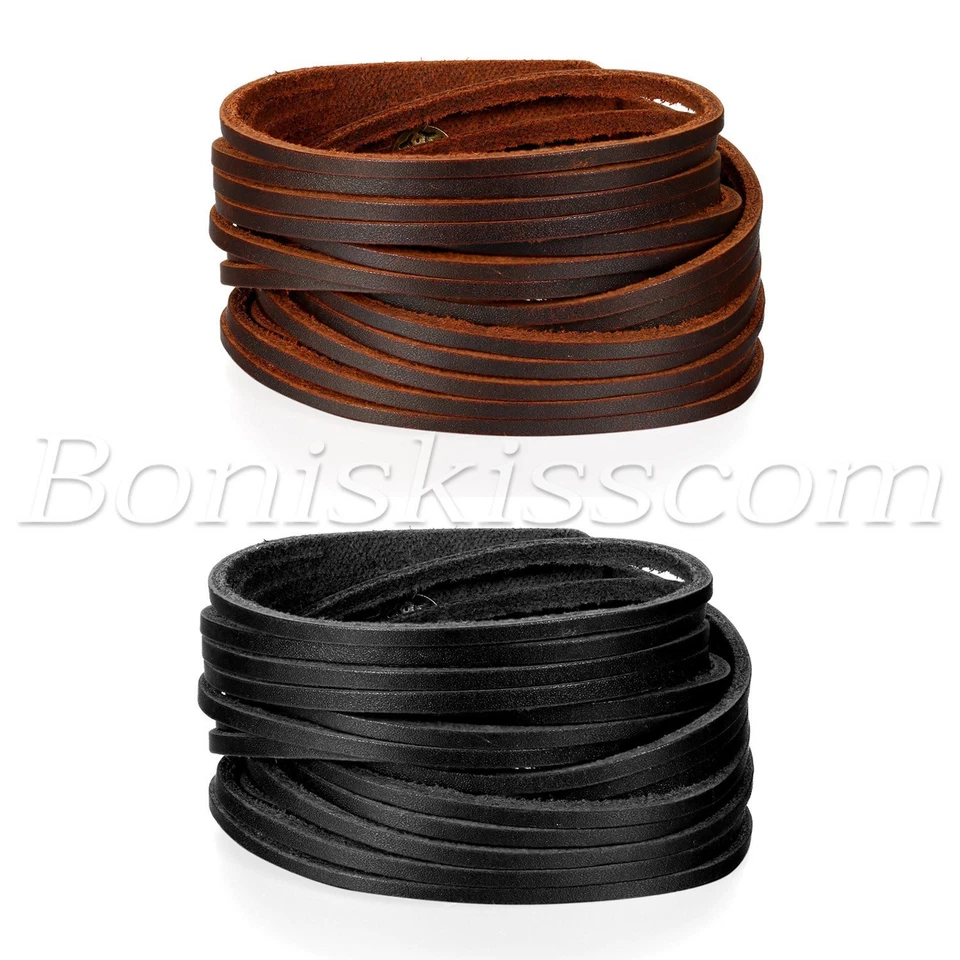 Men's Punk Rock Wide Multi-circle Tassel Line Leather Strap Rope Bangle Bracelet - Image 1 of 1