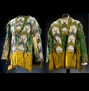 Camisa de guerra Old American Estilo Bronceado Cuero Gamuza Flecos Sioux con cuentas Powwow NA400 - Imagen 1 de 4