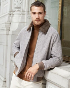 NEW EXPRESS $228 TAUPE HOUNDSTOOTH WOOL BLEND SHERPA COLLAR BOMBER JACKET SZ XS - Picture 1 of 6