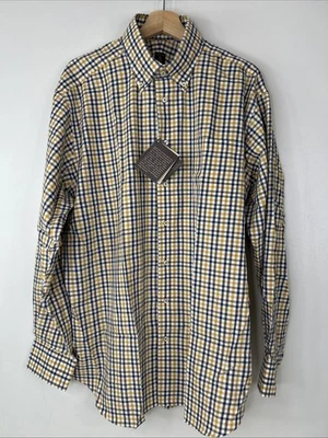 Robert Talbott Men’s XL Estate Gold Brown Navy Plaid Long Sleeve Button Shirt - Image 1 of 4
