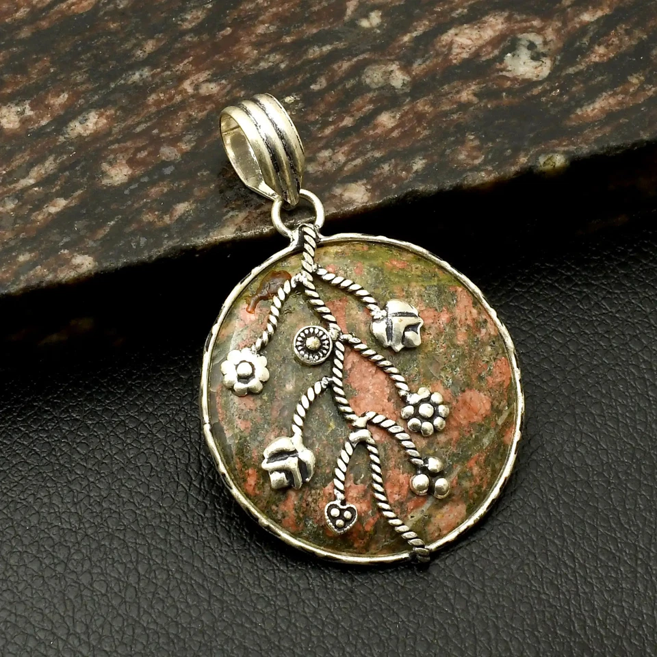 Joyería colgante étnica hecha a mano de piedras preciosas Unakita para mujer 2" AP-40780 Foto 1 de 1